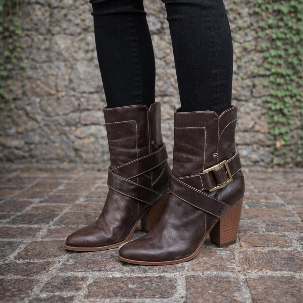 FRYE Brown Andrea Harness Heeled Western Boots, 8M